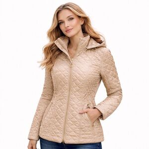 Laundry Shelli Segal Champagne Gold Quilted Puffer Jacket Detachable Hood Small